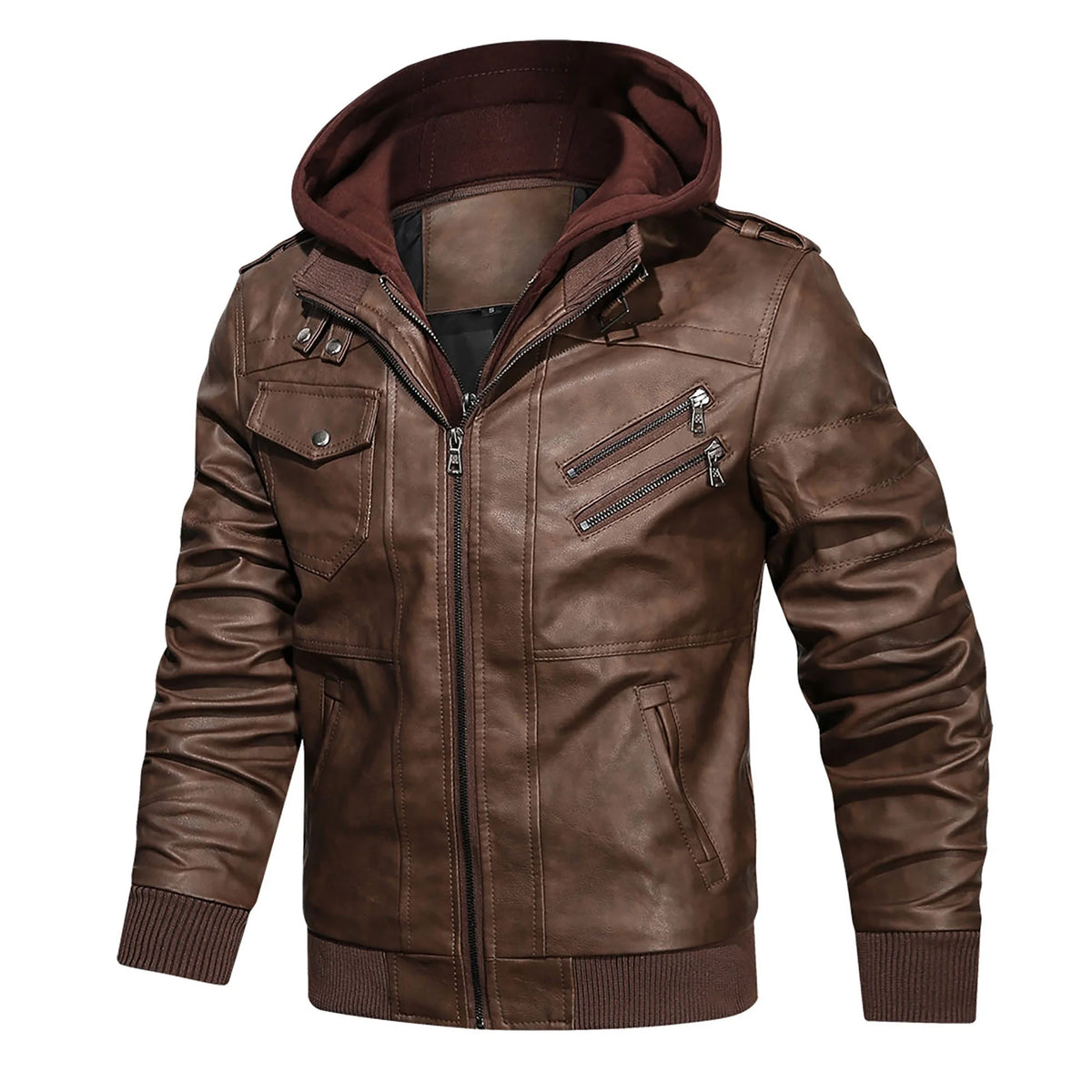 Pu Faux Leather Jacket with Removable Hood