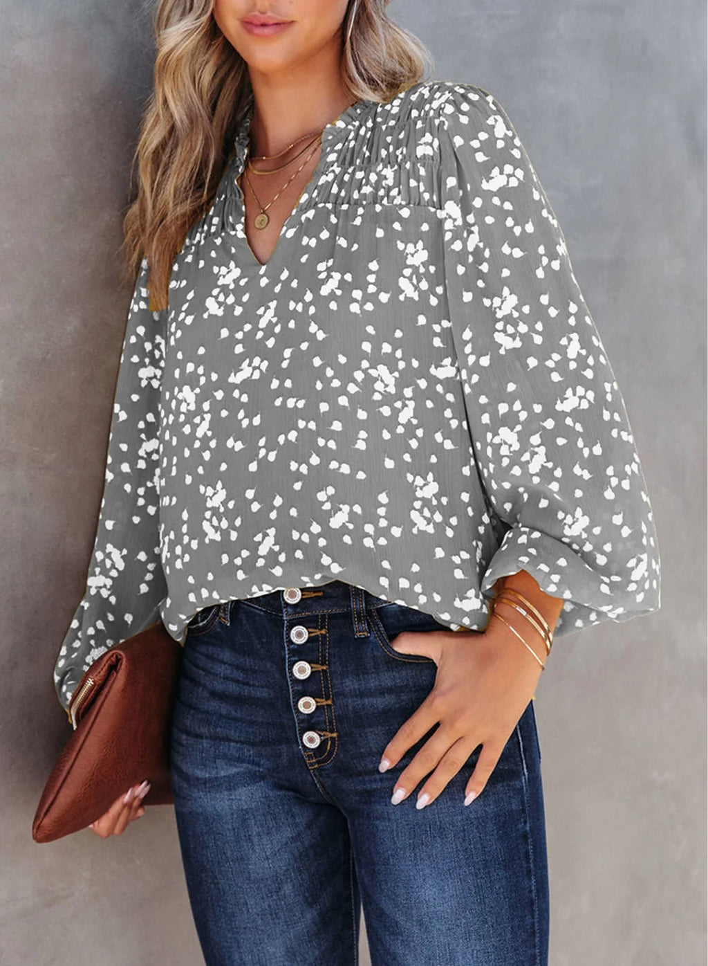 Women Casual V Neck Floral Print Tunic Tops
