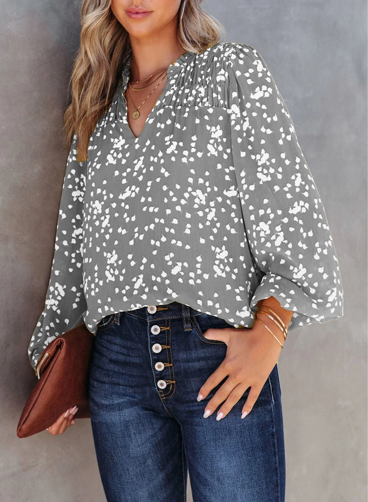 Women Casual V Neck Floral Print Tunic Tops