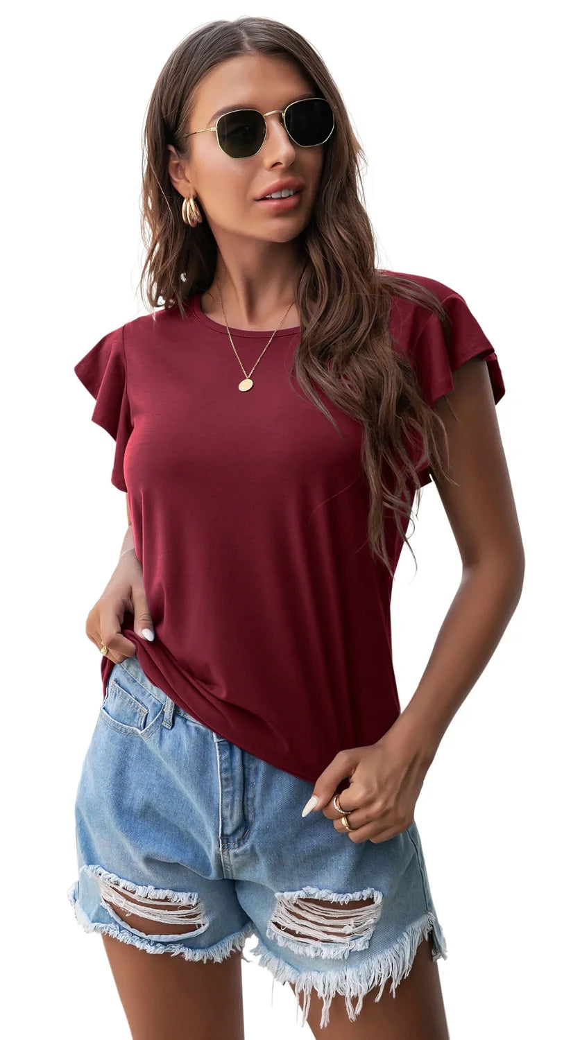 Summer Ruffle Short Sleeve Knit Tunic Tops