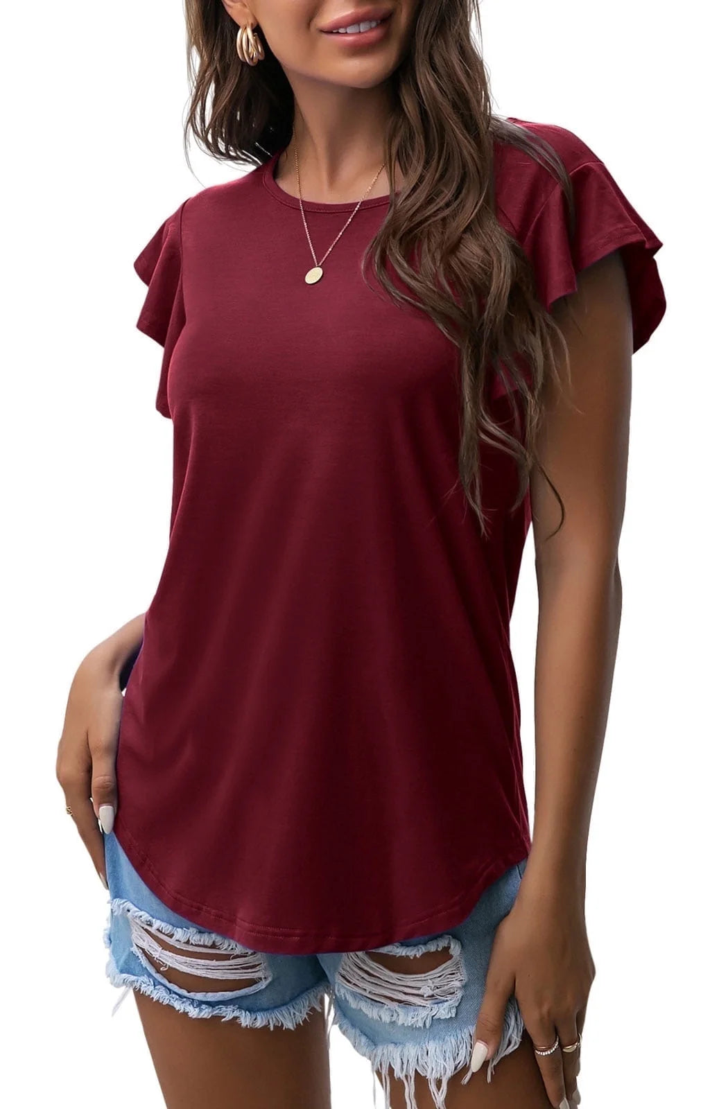 Summer Ruffle Short Sleeve Knit Tunic Tops