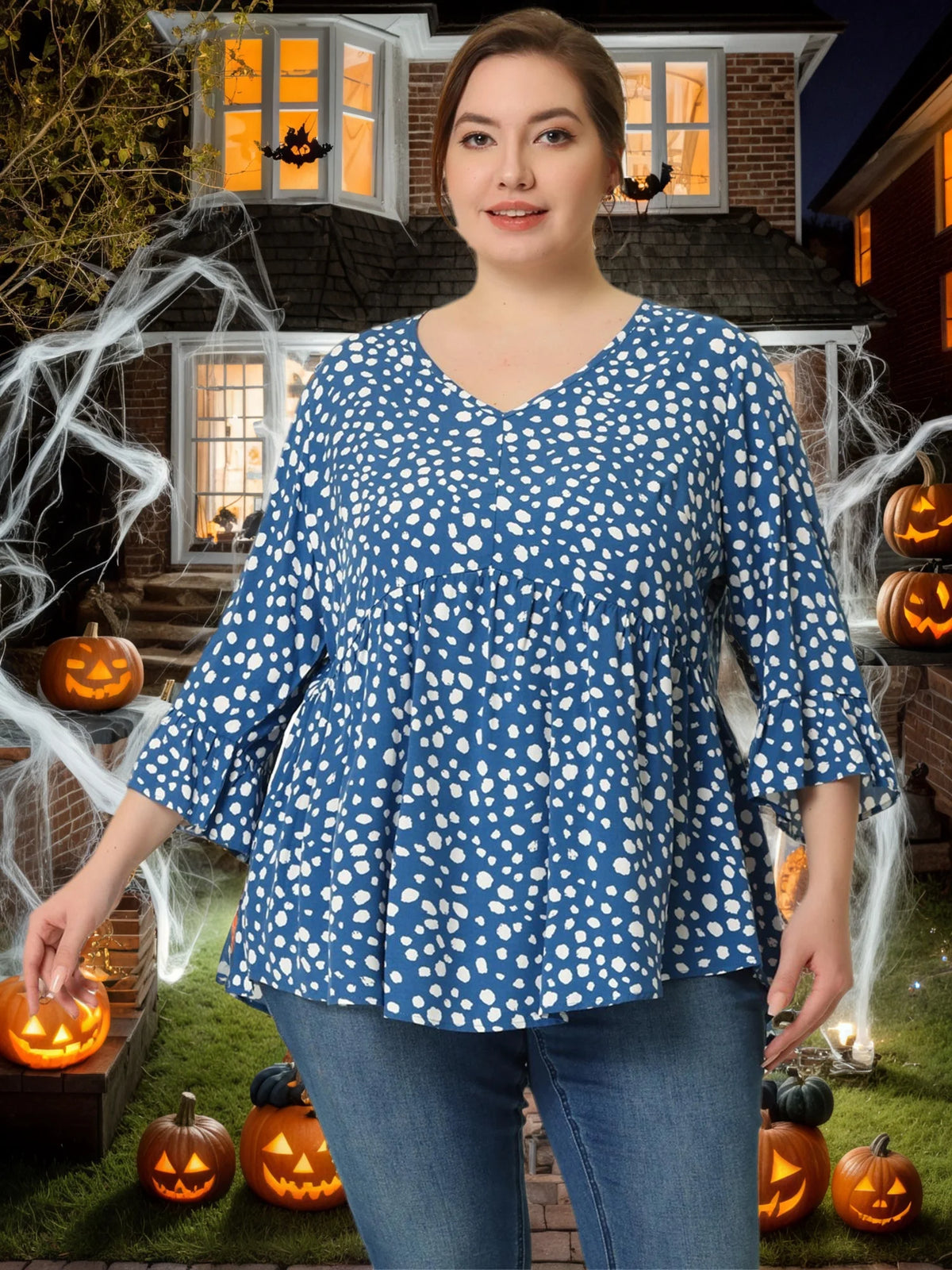 Polka Dots V Neck 3/4 Sleeves Tops