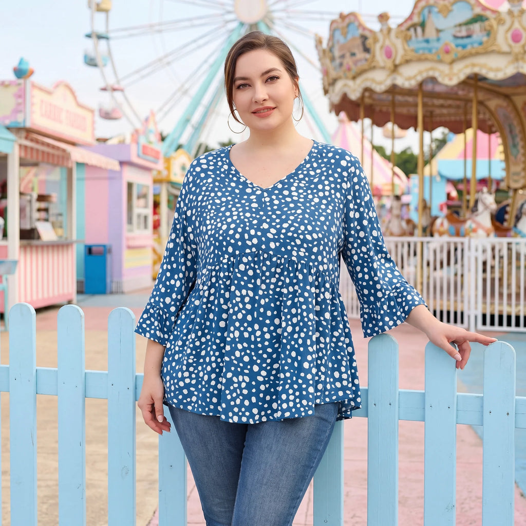 Polka Dots V Neck 3/4 Sleeves Tops